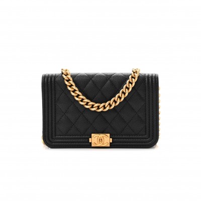 CHANEL CAVIAR QUILTED BOY WALLET ON CHAIN WOC BLACK GOLD HARDWARE (15*10*3cm)